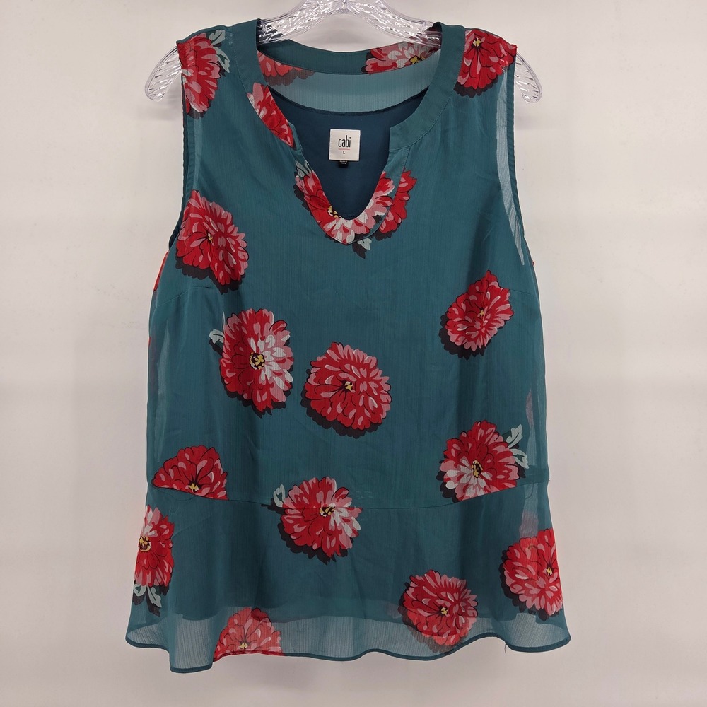 Cabi Blouse L Teal Red Floral V-Neck Peplum Chiffon Sleeveless Art-Inspired Boho